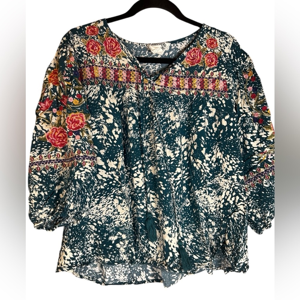 Savanna Jane Teal Print Embroidered Boho‎ Blouse Large